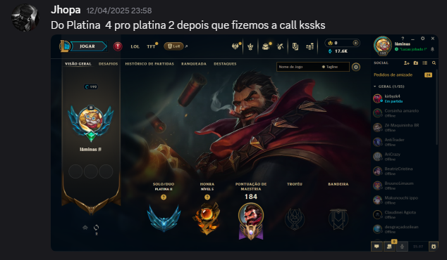 genoslol1's tweet photo. Salve guys! Com final da season se aproximando resolvi voltar com coaching individual pra todas as lanes (com especialização na jungle), tanto pra soloq quanto competitivo!

Se tiver interesse só chamar na DM/Discord: genaum

Segue alguns feedbacks dos meus alunos: https://t.co/pWy8Hfv3qA