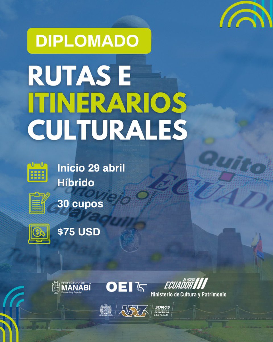 Impulsamos el fortalecimiento cultural con <a href="/Cultura_Ec/">Viceministerio de Cultura y Patrimonio</a> <a href="/OEIEcuador/">OEI Ecuador</a> y <a href="/BUAZ_Oficial/">Universidad Autónoma de Zacatecas</a> 
🎓 Diplomado en Rutas e Itinerarios Culturales
📝 Inscripciones: ⤵️
bit.ly/4jFD19G

#manabinosedetiene l