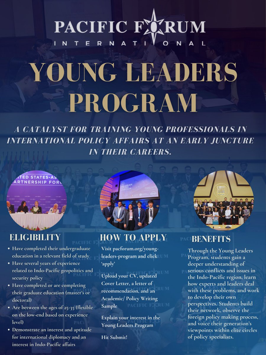🌍Ready to launch your career in #internationalrelations?

#PacificForum #YoungLeaders Program is accepting applications until April 30!
Open to 25–35 yo,it offers rare access to elite policy circles,deep regional analysis,a global network of peers.
Apply: form.jotform.us/form/433861197…
