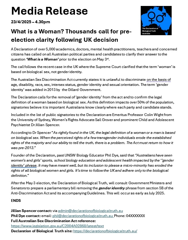 WHAT IS A WOMAN? Thousands call for Australian pre-election clarity. The time has come. See media release &amp; please share.