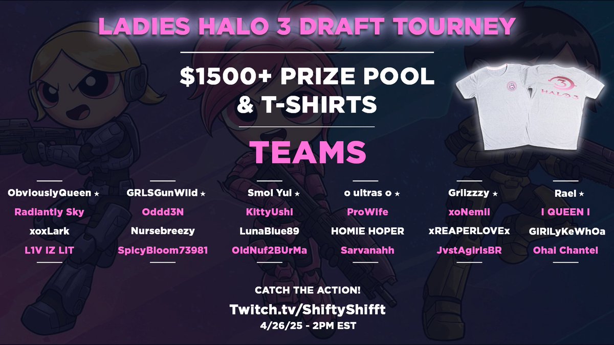 🚨 MCC HALO 3 LADIES TOURNEY🚨

This Saturday, join us for a 4v4 Halo 3 Ladies Draft Tourney ✨ Winners will receive $1,500+ in prize pool money and custom-made T-shirts! 

🗓️Saturday, April 26th
🕑2PM EST | 11AM PST

📺 twitch.tv/ShiftyShifft