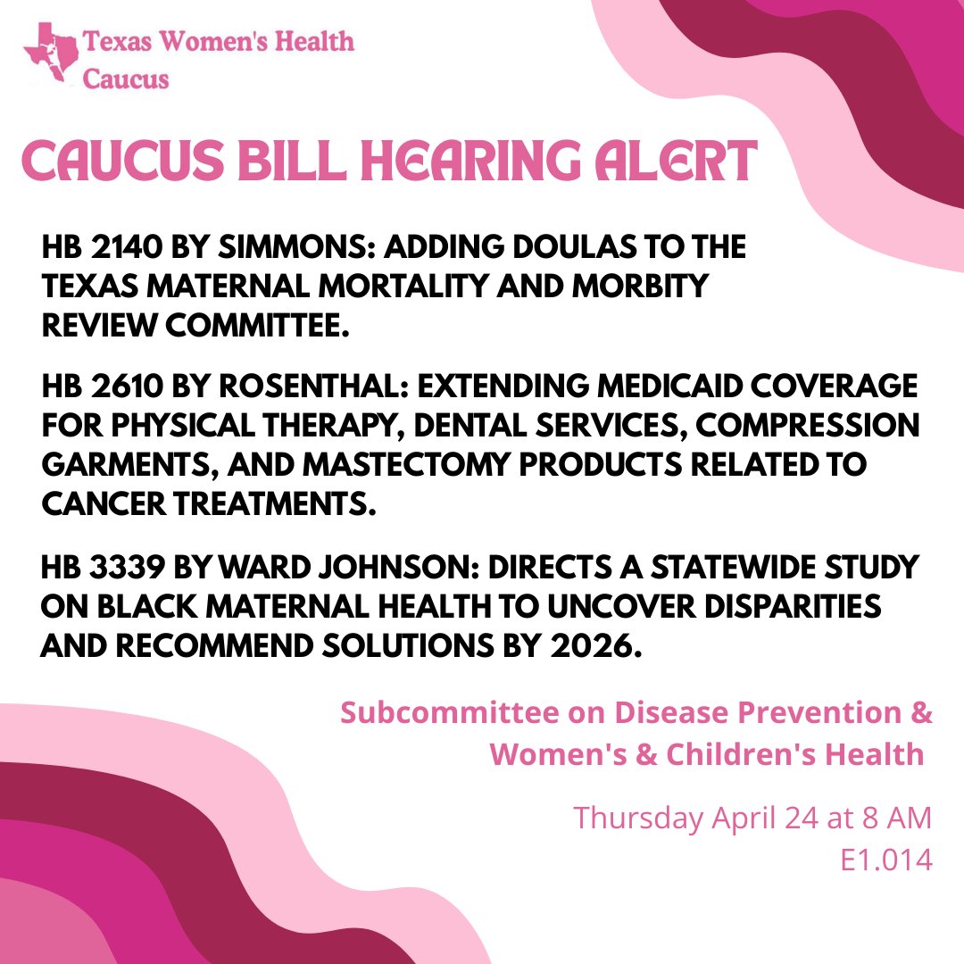 Tomorrow our caucus members are presenting bills in the Subcommittee on Disease Prevention and Women's &amp; Children's Health covering issues from maternal health to healthcare access. Show your support by visiting the link in our bio. #txlege #txwomenshealthcaucus #maternalhealth