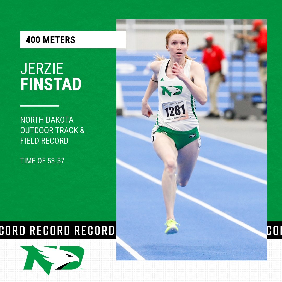 UNDtrackfieldXC's tweet photo. 🚨 SCHOOL RECORD! 🚨

Jerzie Finstad wins the 400-meter crown at Minnesota and breaks the school record with a PR of 53.57! She edged out the record of Lucy Steinmeyer, who set it at 53.96 at the 2021 Summit League Outdoor Championships!

#UNDproud | #LGH | #RecordBreakingHawk https://t.co/4R327vuXPb