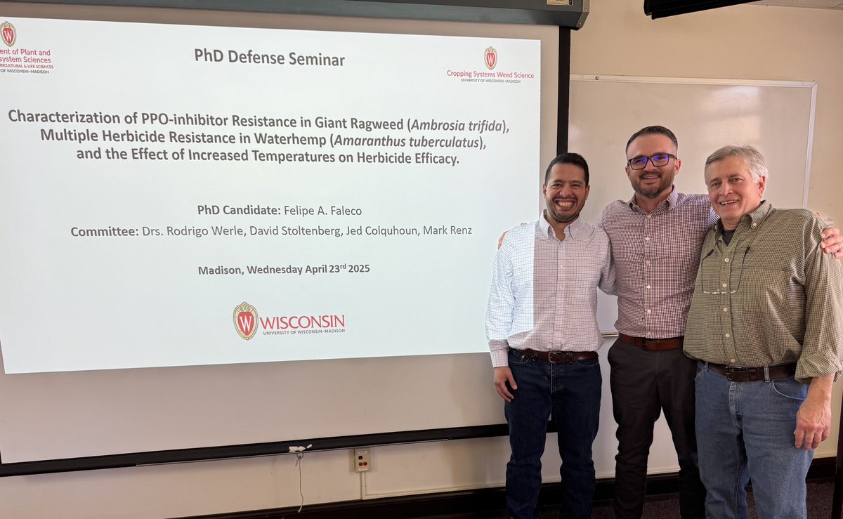 Rodrigo Werle (@wiscweeds) on Twitter photo Congratulations <a href="/FFaleco/">Felipe Faleco</a> on successfully defending your PhD dissertation!
The #WiscWeeds team is incredibly proud of all your accomplishments & truly grateful for your many contributions to our research, Extension efforts & Wisconsin agriculture. A big thank you to everyone who Congratulations <a href="/FFaleco/">Felipe Faleco</a> on successfully defending your PhD dissertation!
The #WiscWeeds team is incredibly proud of all your accomplishments & truly grateful for your many contributions to our research, Extension efforts & Wisconsin agriculture. A big thank you to everyone who