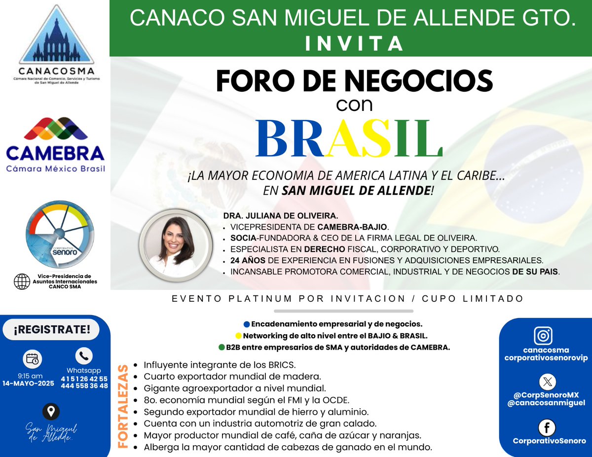 La economía lider de #americalatina y el #caribe 🌎 #Brasil 🇧🇷 estará exclusivamente en📍 #sanmigueldeallende 🇲🇽 ¡Fortaleciendo los negocios en el #Bajio !⚙️💵
🕘9:15am
📅14/May
ℹ️Info. md.
✉️Por invitación.
👥Networking high level.
⁉️Conferencista sorpresa!!
🫱🏼‍🫲🏻 Multisectorial.