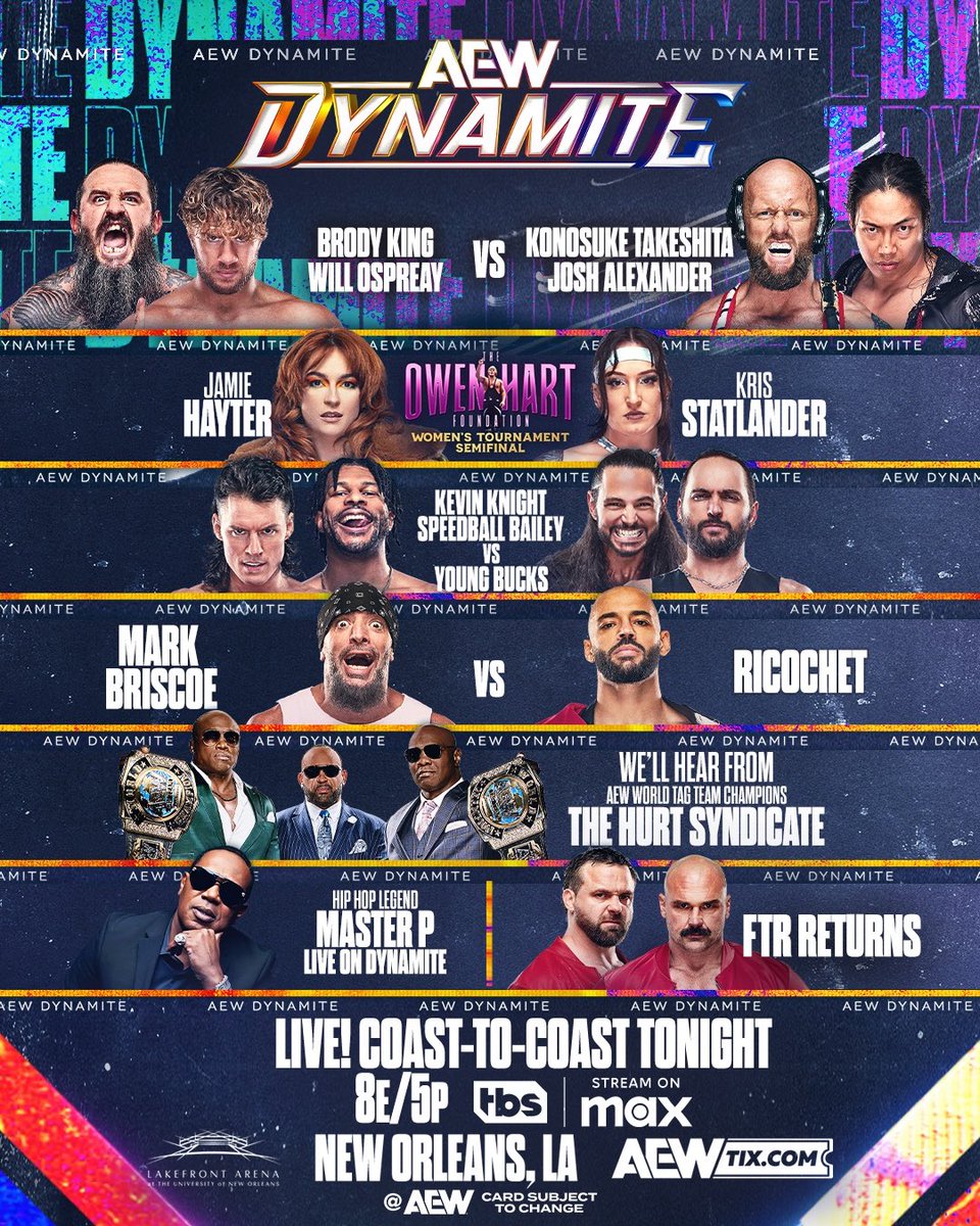RefTurnerAEW's tweet image. #AEWDynamite is LIVE Coast to Coast from NEW ORLEANS, at 8ET / 7CT / 6MT / 5PT on TBS + Streaming on MAX, TONIGHT!
