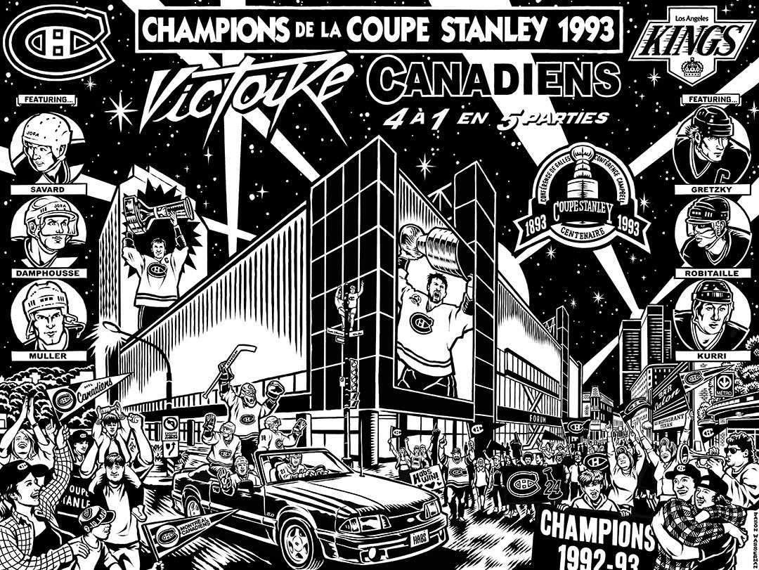 Exclusive <a href="/mtlcanadiens/">MtlCanadiens</a> ‘93 print now available:
jasonwasserman.com/shop

The Habs cruise down Atwater, past the old Forum in a stylish ‘93 Mustang, greeting their ecstatic fans. The Habs brought home the 24th Stanley Cup to Montreal in 5 games, crushing the L.A. Kings 4-1.