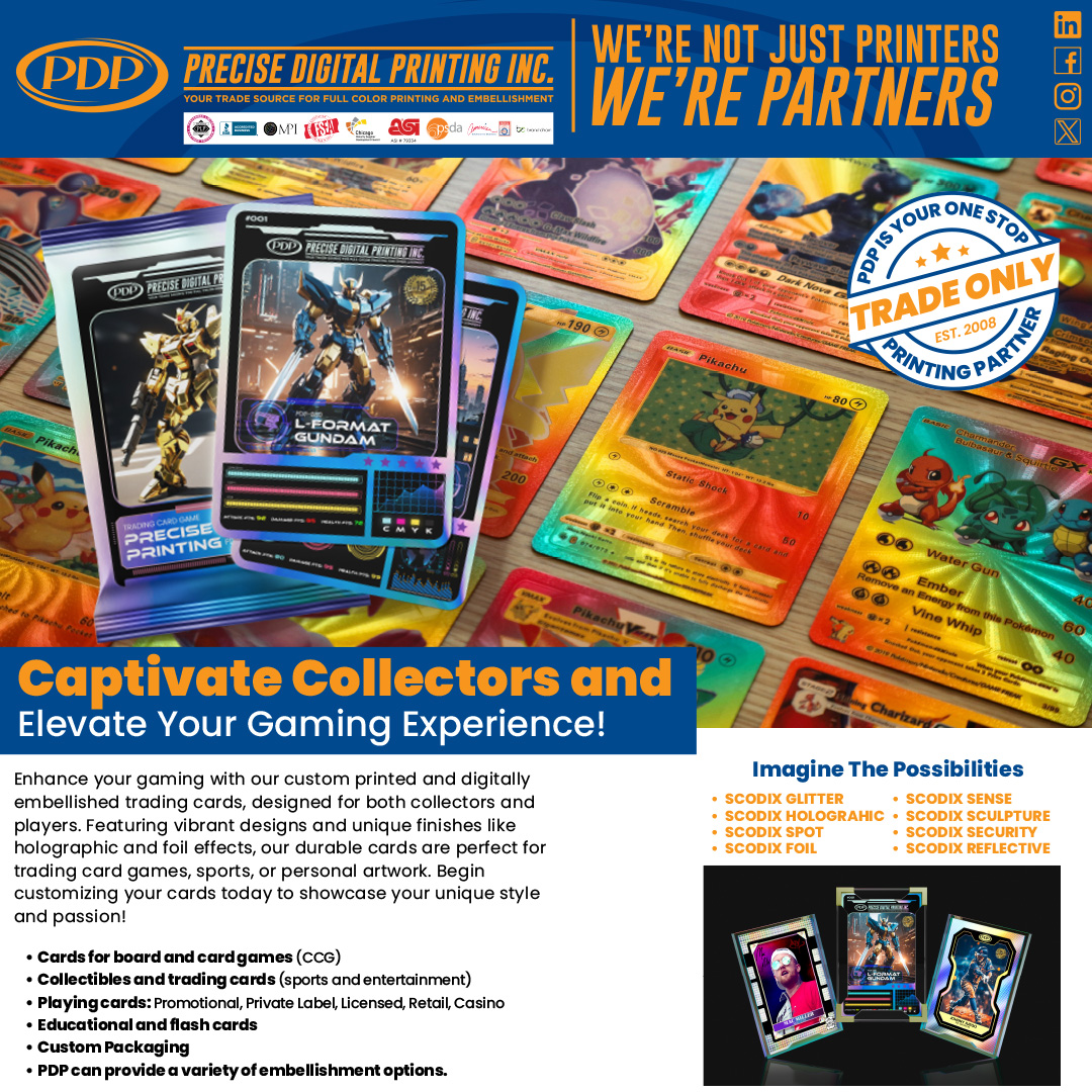 PrintingPrecise's tweet image. Level up your game with Scodix trading cards from Precise Digital Printing! 🎴 Whether you’re client's are collecting, trading, or showcasing their unique designs, our high-quality Scodix printing technology brings their vision's to life with vibrant colors and stunning textures.