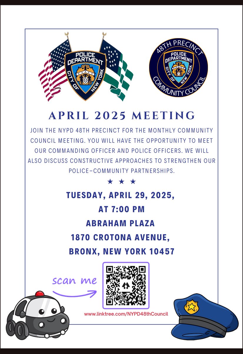 NYPD48thCouncil's tweet photo. The 48th Precinct Community Council April 2025 meeting will be held on April 29, 2025, at 7 PM at the Abraham Plaza Apartments at 1870 Crotona Avenue. Please see the flyer for more details. Please invite and share with your networks in the community.

@NYPD48Pct https://t.co/EzRkPWwmYK