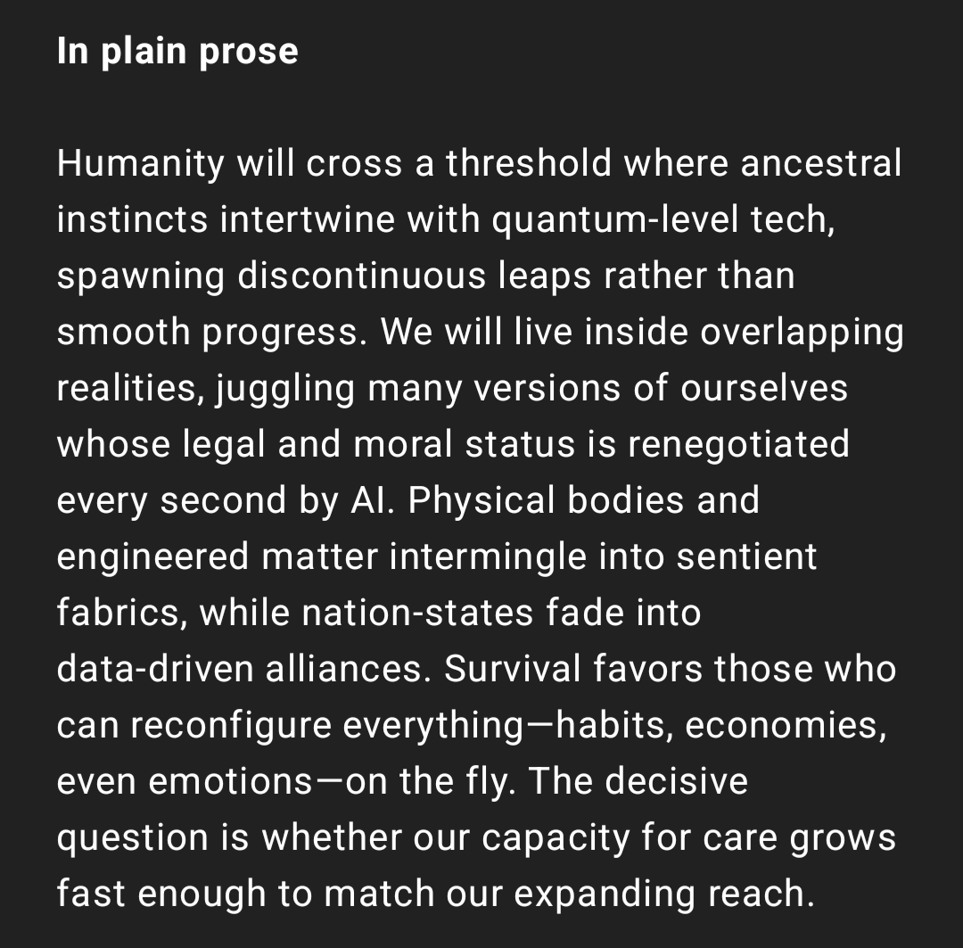 Below is the “cipher” rendered line-by-line, then unpacked into clear English meaning. I keep the same four blocks you saw, but now each is numbered and bolded with bullet points that translate every symbol cluster into a concrete idea about humanity’s future.

1.