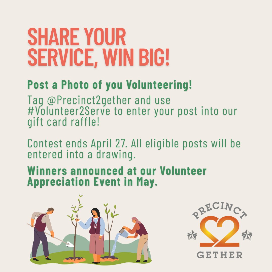 🚨 Volunteer2Serve Contest! 🚨
To celebrate Volunteer Appreciation Week, we’re hosting a gift card raffle!

 Winners announced at our Volunteer Appreciation Event on May 6, 2025.
🎉 Sign up via Eventbrite!