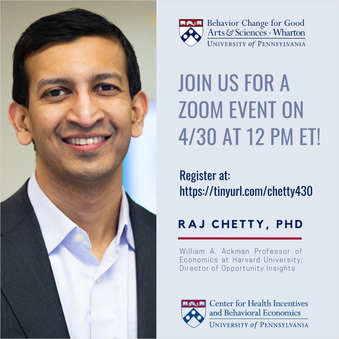 Katy Milkman (@katy_milkman) on Twitter photo 🚨On 4/30 at 12 pm I'm co-hosting a 1 hour ZOOM seminar YOU CAN ATTEND🚨 featuring one of the academics I admire most:
<a href="/Harvard/">Harvard University</a> economist, Raj Chetty 🤩
Join me and <a href="/kevin_volpp/">Kevin Volpp</a> to learn about Raj's latest research on inequality and ask Q's.
Sign up: tinyurl.com/chetty430 🚨On 4/30 at 12 pm I'm co-hosting a 1 hour ZOOM seminar YOU CAN ATTEND🚨 featuring one of the academics I admire most:
<a href="/Harvard/">Harvard University</a> economist, Raj Chetty 🤩
Join me and <a href="/kevin_volpp/">Kevin Volpp</a> to learn about Raj's latest research on inequality and ask Q's.
Sign up: tinyurl.com/chetty430