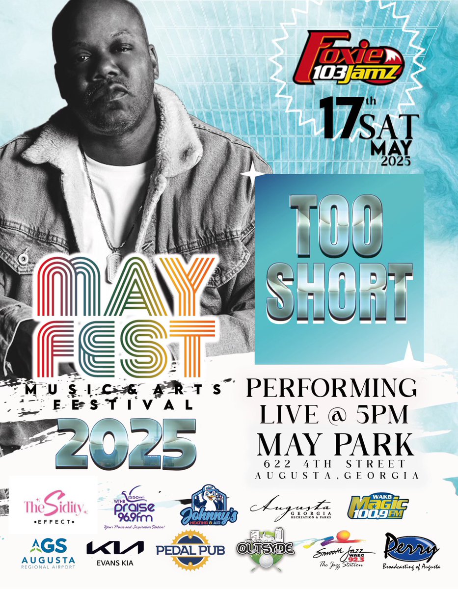 🔥🔥🔥Augusta!!!! Headlining the 2025 May Fest Music and Arts Festival is the legendary Too $hort, Saturday, May 17 at May Park. He will go on stage at 5:00pm and it’s free for everyone to attend!