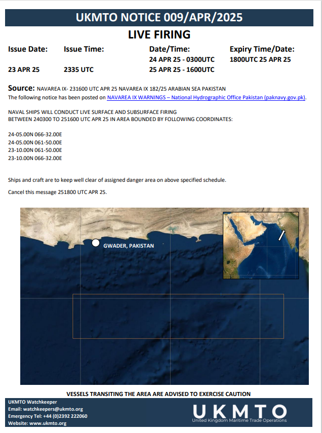 UKMTO LIVE FIRING NOTICE 009/APR/25

ukmto.org/ukmto-products…

#MaritimeSecurity #MarSec