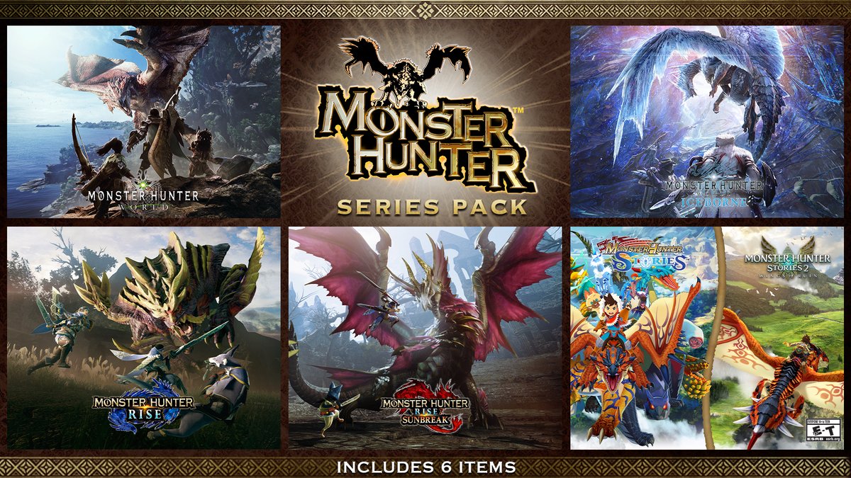 Monster Hunter Series Pack promotional image showing Monster Hunter World, Rise, their expansions, and Stories games on Steam sale