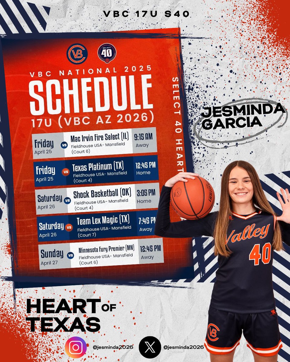 Jesminda Garcia (@jesminda2026) on Twitter photo My schedule for this weekend <a href="/SelectEventsBB/">Select Events Basketball</a> S40 session 1 with my team <a href="/ValleyBballClub/">Valley Basketball Club (AZ)</a> 17U National.
<a href="/prolooksports/">PROLOOK SPORTS</a>
#heartoftexas #vbc #vbcaz #select40 #select40events My schedule for this weekend <a href="/SelectEventsBB/">Select Events Basketball</a> S40 session 1 with my team <a href="/ValleyBballClub/">Valley Basketball Club (AZ)</a> 17U National.
<a href="/prolooksports/">PROLOOK SPORTS</a>
#heartoftexas #vbc #vbcaz #select40 #select40events