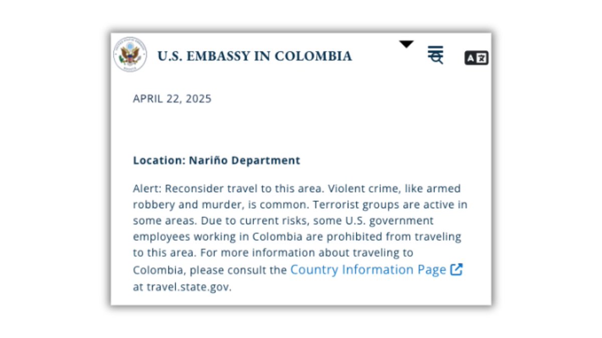 Jorge Esteban (@ajidemani) on Twitter photo 📣 Sí es cierto que la Embajada de EE.UU. en Colombia (<a href="/USEmbassyBogota/">US Embassy Bogota</a>) publicó el pasado martes un aviso oficial en el que sugiere a l@s ciudadan@s estadounidenses "reconsiderar" sus viajes hacia el Dpto. de Nariño por riesgos relacionados con violencia y crimen.
Sigue 👇🏽 📣 Sí es cierto que la Embajada de EE.UU. en Colombia (<a href="/USEmbassyBogota/">US Embassy Bogota</a>) publicó el pasado martes un aviso oficial en el que sugiere a l@s ciudadan@s estadounidenses "reconsiderar" sus viajes hacia el Dpto. de Nariño por riesgos relacionados con violencia y crimen.
Sigue 👇🏽