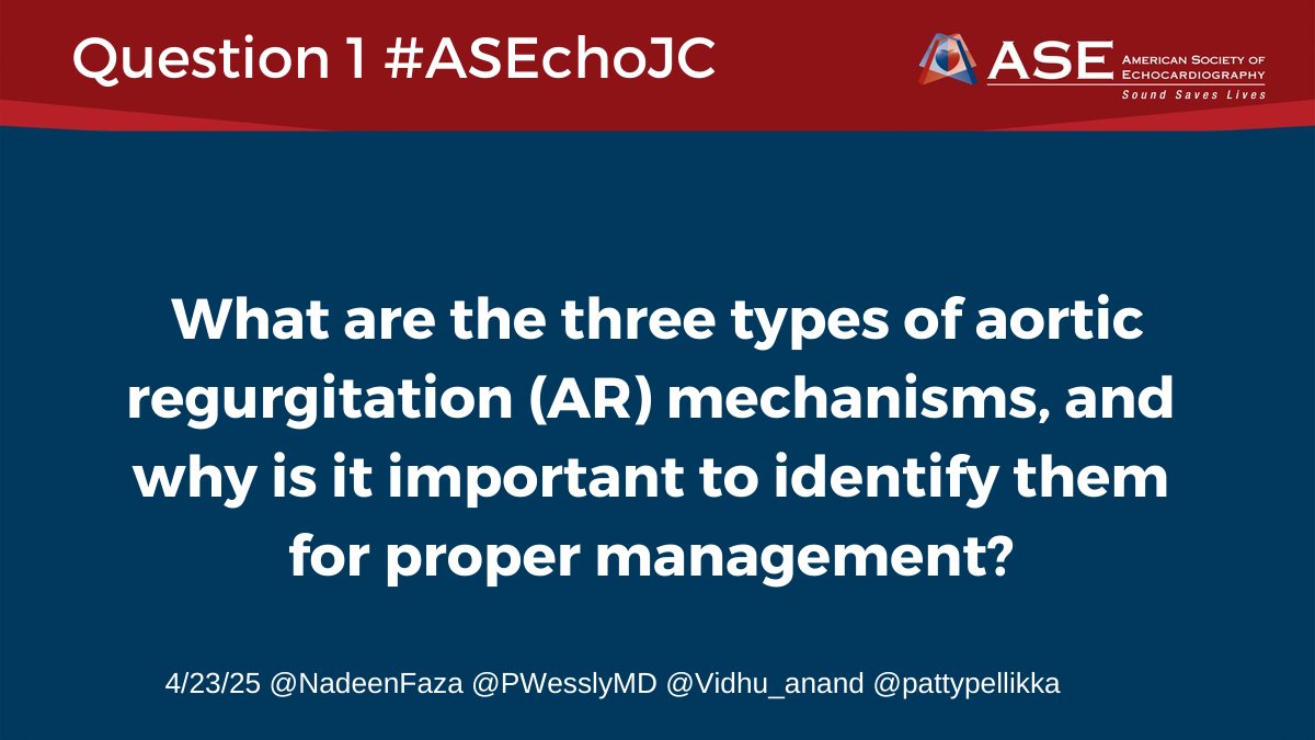 Nadeen N. Faza, M.D. (@nadeenfaza) on Twitter photo Question 1: What are the three types of aortic regurgitation (AR) mechanisms, and why is it important to identify them for proper management?
#ASEchoJC <a href="/ASE360/">American Society of Echocardiography</a> <a href="/JournalASEcho/">JASE</a> <a href="/PWesslyMD/">Priscilla Wessly</a> <a href="/pattypellikka/">Dr.Patricia Pellikka</a> @Vidhu_anand
#CardioX #CardioTwitter #EchoFirst Question 1: What are the three types of aortic regurgitation (AR) mechanisms, and why is it important to identify them for proper management?
#ASEchoJC <a href="/ASE360/">American Society of Echocardiography</a> <a href="/JournalASEcho/">JASE</a> <a href="/PWesslyMD/">Priscilla Wessly</a> <a href="/pattypellikka/">Dr.Patricia Pellikka</a> @Vidhu_anand
#CardioX #CardioTwitter #EchoFirst