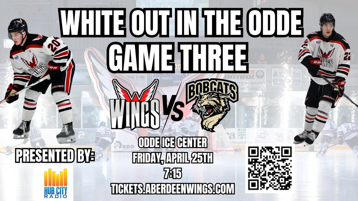 WHITEOUT in the Odde for Game 3 this Friday, April 25th, presented by Hub City Radio!
Be sure to get your tickets at any C-Express location in Aberdeen, or at tickets.aberdeenwings.com!
*If necessary Game 4 will be played in the Odde Saturday, April 26
#LETSGOWINGS #NAHL