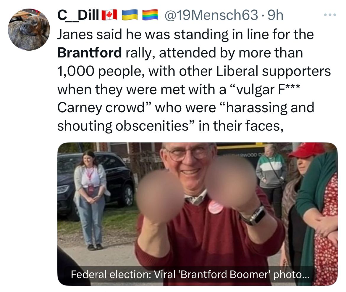 guyfelicella's tweet image. Let’s talk about the “Brantford boomer.”
👉 Canadian Conservatives — you have REALLY lost the plot 👈
To summarize: Conservative protesters yelled at Liberal supporters outside a rally, waved “F*ck Carney” flags, shouting obscenities through megaphones, called them libtards…