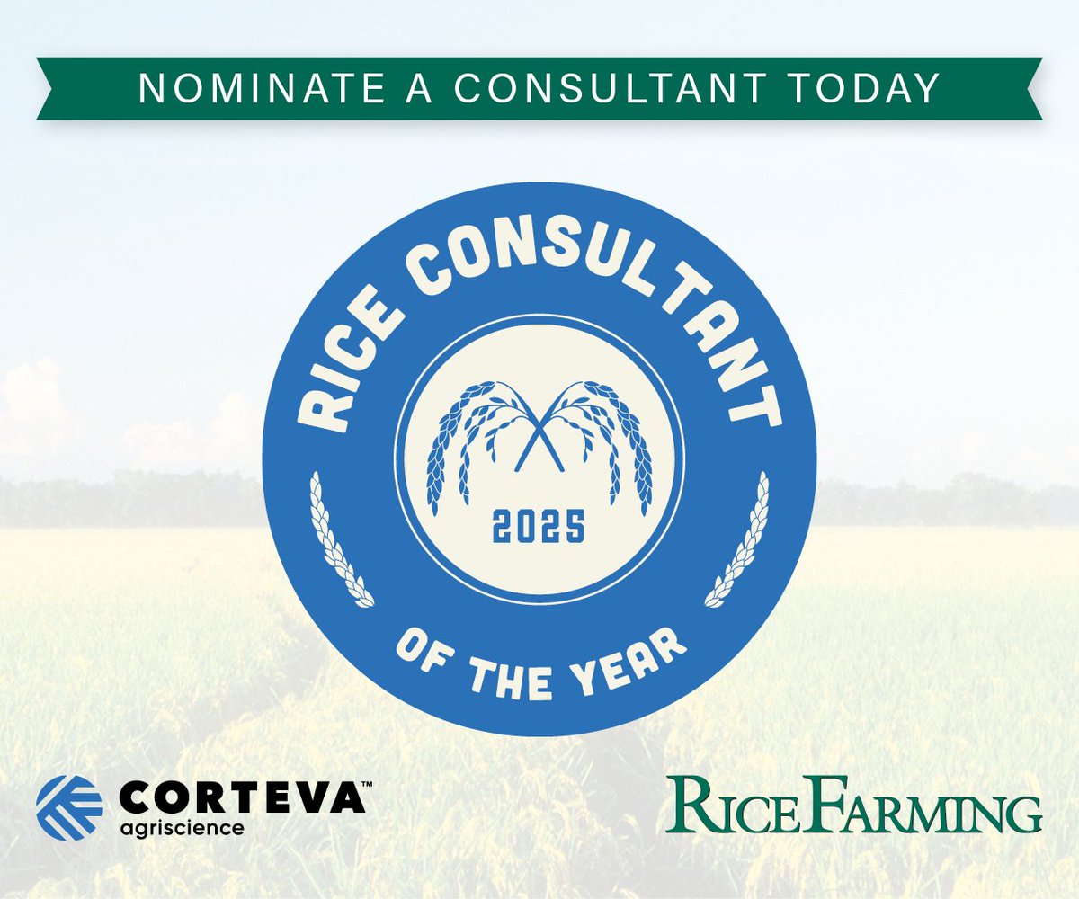 Our Rice Consultant of the Year nomination period is open. Sponsored by Corteva Agriscience and Rice Farming magazine, RCOY recognizes dedication, leadership and innovation.

Visit ricefarming.com/rcoy for more and to nominate a deserving U.S. rice consultant today!