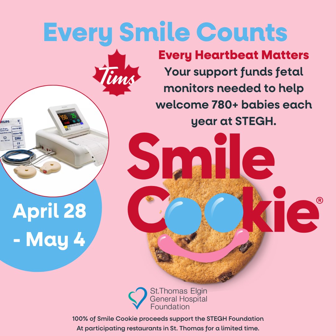 🍪 Smile Cookie Week starts April 28!

Get yours and help bring smiles to our tiniest patients. 100% of proceeds in St. Thomas support fetal monitors at STEGH.

#SmileCookie #STEGHFoundation #EverySmileCounts #StThomasProud

4o