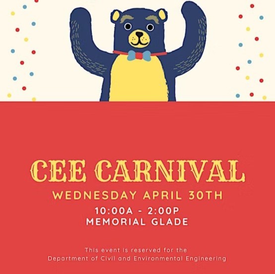 CEE Berkeley (@berkeleycee) on Twitter photo Celebrate the start of summer at the CEE Carnival next Wednesday, April 30th, from 10 am to 2 pm! This event is reserved exclusively for the CEE department. All CEE guests must register before the day of this event. Register on Eventbrite: bit.ly/4lYJZZw. <a href="/Cal_Engineer/">Berkeley Engineering</a> Celebrate the start of summer at the CEE Carnival next Wednesday, April 30th, from 10 am to 2 pm! This event is reserved exclusively for the CEE department. All CEE guests must register before the day of this event. Register on Eventbrite: bit.ly/4lYJZZw. <a href="/Cal_Engineer/">Berkeley Engineering</a>