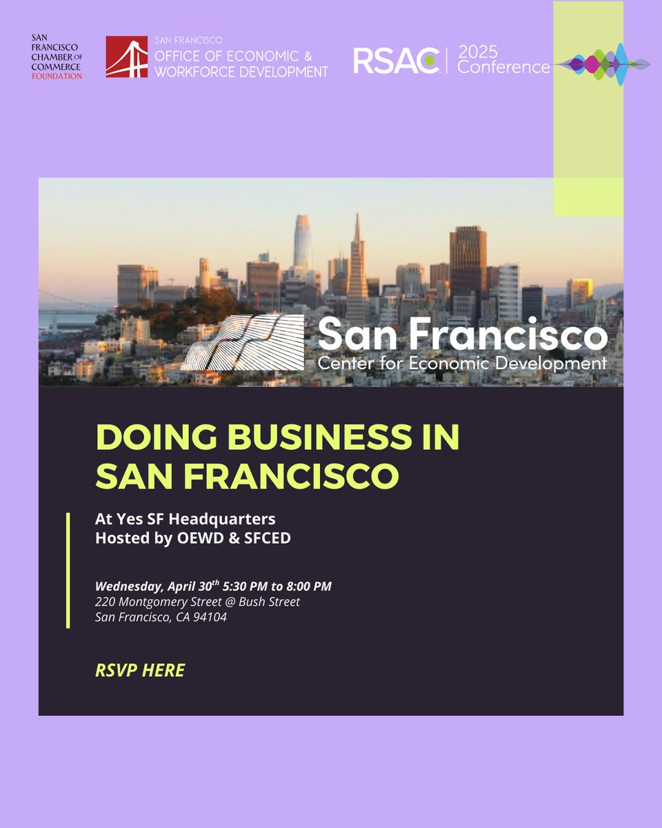 San Francisco Chamber of Commerce (@sf_chamber) on Twitter photo Join cybersecurity leaders, innovators, and changemakers on Wednesday, 4/30, as they converge to explore the unique incentives for doing business in San Francisco!
Hosted at @YesSF_ by @SFOEWD & <a href="/SanFranciscoCED/">San Francisco Center for Economic Development</a> during <a href="/RSAConference/">RSA Conference</a> 2025.
🔗 RSVP Here: ow.ly/YCKo50VGBjg Join cybersecurity leaders, innovators, and changemakers on Wednesday, 4/30, as they converge to explore the unique incentives for doing business in San Francisco!
Hosted at @YesSF_ by @SFOEWD & <a href="/SanFranciscoCED/">San Francisco Center for Economic Development</a> during <a href="/RSAConference/">RSA Conference</a> 2025.
🔗 RSVP Here: ow.ly/YCKo50VGBjg