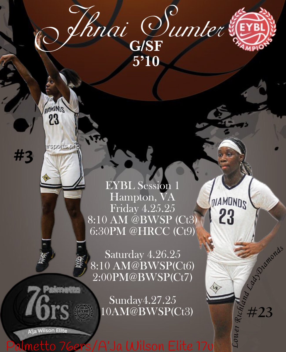 Jhnai Sumter (@jhnais23) on Twitter photo Here is my schedule for this weekend, Session 1 located in Hampton, VA.
Coaches come check us out!
<a href="/NikeGirlsEYBL/">Nike Girls EYBL</a>
<a href="/palmetto76erawe/">Palmetto 76ers/Aja Wilson Elite</a> <a href="/JeromeFleetwood/">jerome dickerson</a> <a href="/BWally33/">Coach Brandon Wallace 🏀</a> <a href="/A5Lucas/">AA Lucas, M.Ed,GCDF🇨🇮🇬🇭🇺🇲🇫🇷</a> Here is my schedule for this weekend, Session 1 located in Hampton, VA.
Coaches come check us out!
<a href="/NikeGirlsEYBL/">Nike Girls EYBL</a>
<a href="/palmetto76erawe/">Palmetto 76ers/Aja Wilson Elite</a> <a href="/JeromeFleetwood/">jerome dickerson</a> <a href="/BWally33/">Coach Brandon Wallace 🏀</a> <a href="/A5Lucas/">AA Lucas, M.Ed,GCDF🇨🇮🇬🇭🇺🇲🇫🇷</a>