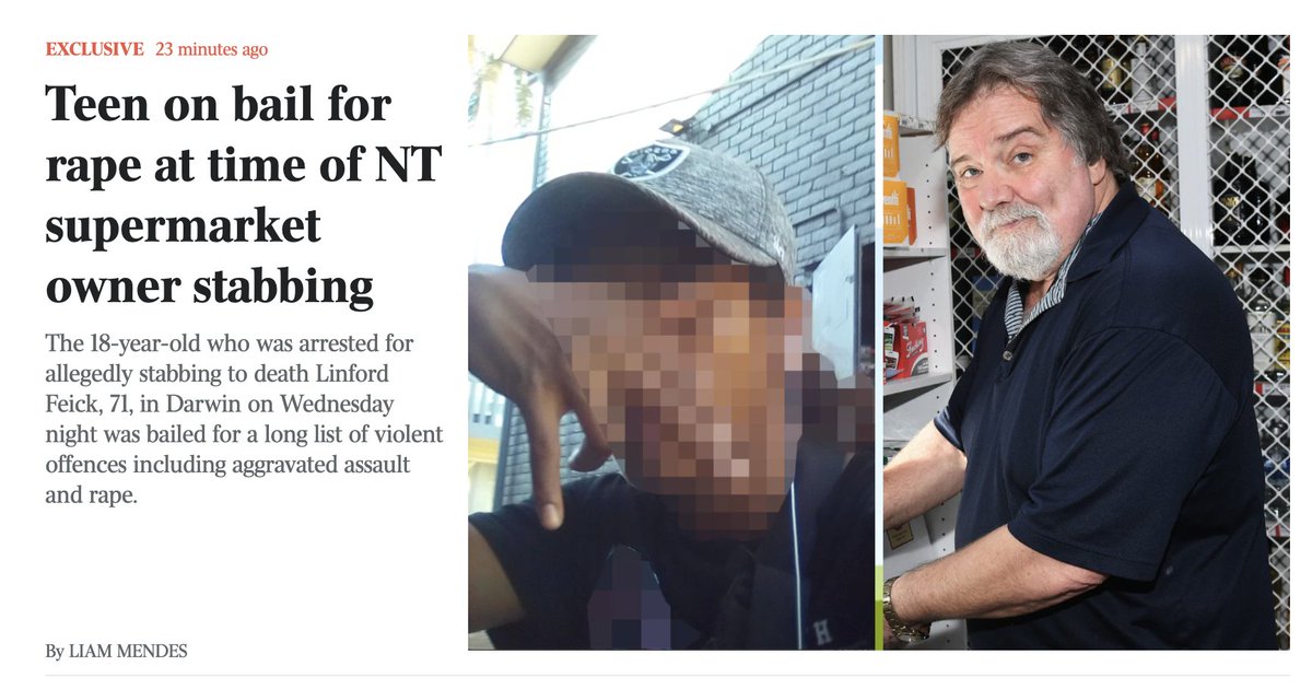liammendes's tweet image. BREAKING: The 18-year-old arrested for allegedly stabbing to death Linford Feick, 71, in Darwin on Wednesday night was on bail for a long list of violent offences including aggravated assault and rape.
Full story: l.taus.au/3F7