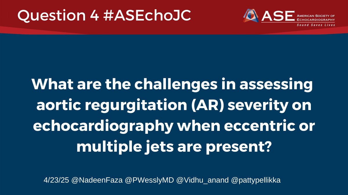 Nadeen N. Faza, M.D. (@nadeenfaza) on Twitter photo Question 4- What are the challenges in assessing aortic regurgitation (AR) severity on echocardiography when eccentric or multiple jets are present?
#ASEchoJC <a href="/ASE360/">American Society of Echocardiography</a> <a href="/JournalASEcho/">JASE</a> <a href="/PWesslyMD/">Priscilla Wessly</a> <a href="/pattypellikka/">Dr.Patricia Pellikka</a> @Vidhu_anand
#CardioX #CardioTwitter #EchoFirst Question 4- What are the challenges in assessing aortic regurgitation (AR) severity on echocardiography when eccentric or multiple jets are present?
#ASEchoJC <a href="/ASE360/">American Society of Echocardiography</a> <a href="/JournalASEcho/">JASE</a> <a href="/PWesslyMD/">Priscilla Wessly</a> <a href="/pattypellikka/">Dr.Patricia Pellikka</a> @Vidhu_anand
#CardioX #CardioTwitter #EchoFirst