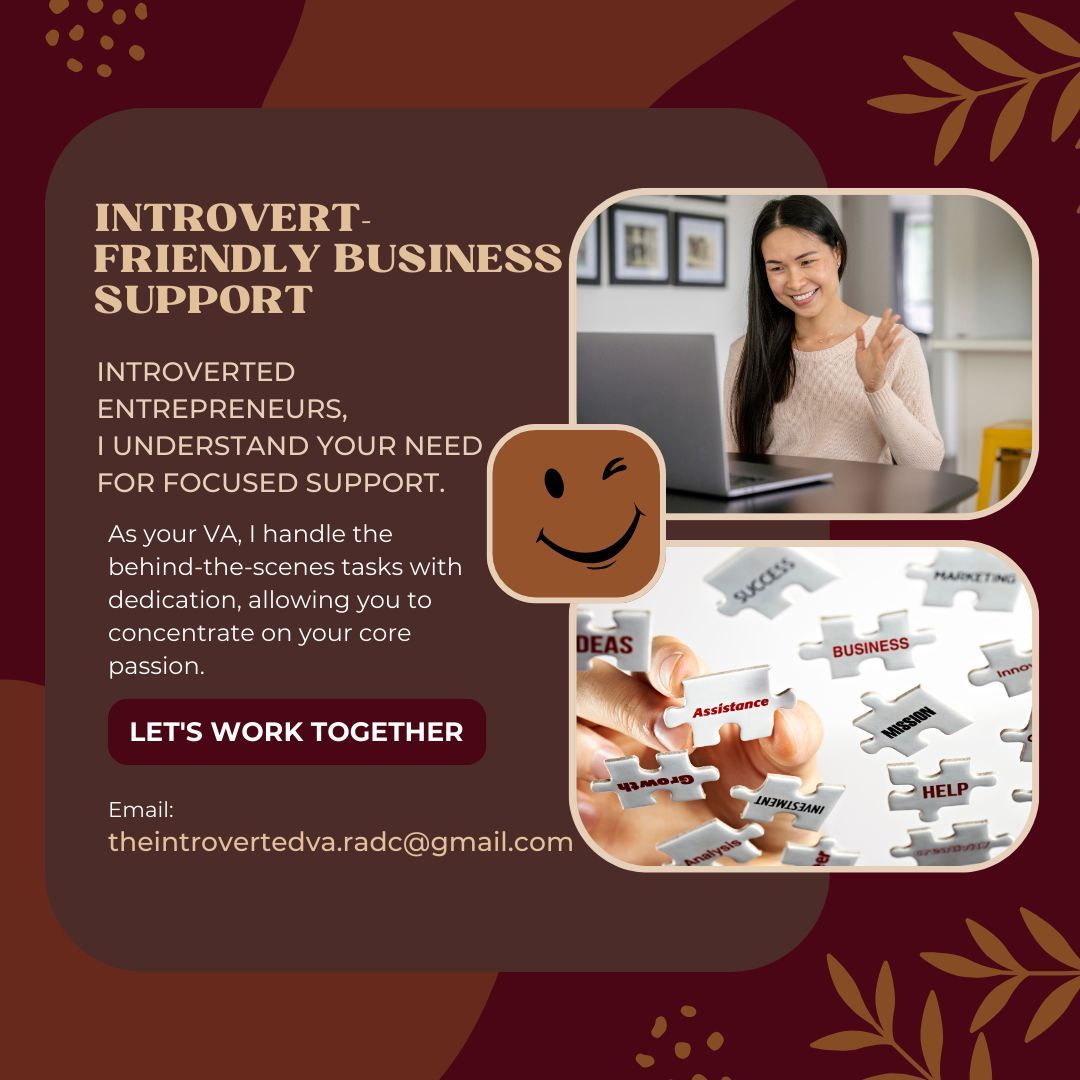 theintrovertva's tweet image. Introvert-Friendly Business Support 

Introverted entrepreneurs, I understand your need for focused support. As your VA, I handle the behind-the-scenes tasks with dedication, allowing you to concentrate on your core passion

Let's work together, thoughtfully. 

#IntrovertFriendly