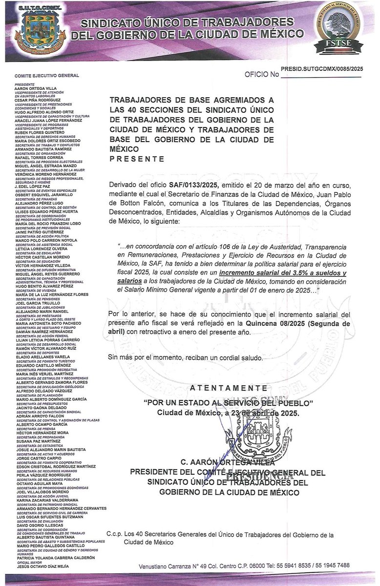 Jefa de Gobierno <a href="/ClaraBrugadaM/">Clara Brugada Molina</a> Hoy nos hizo llegar el Presidente del #SUTGCDMX una circular en donde anuncia un incremento salarial paupérrimo del 3.5% para trabajadores del <a href="/GobCDMX/">Gobierno de la Ciudad de México</a> el cual es profundamente insuficiente ante el contexto económico actual. Reconocer el esfuerzo