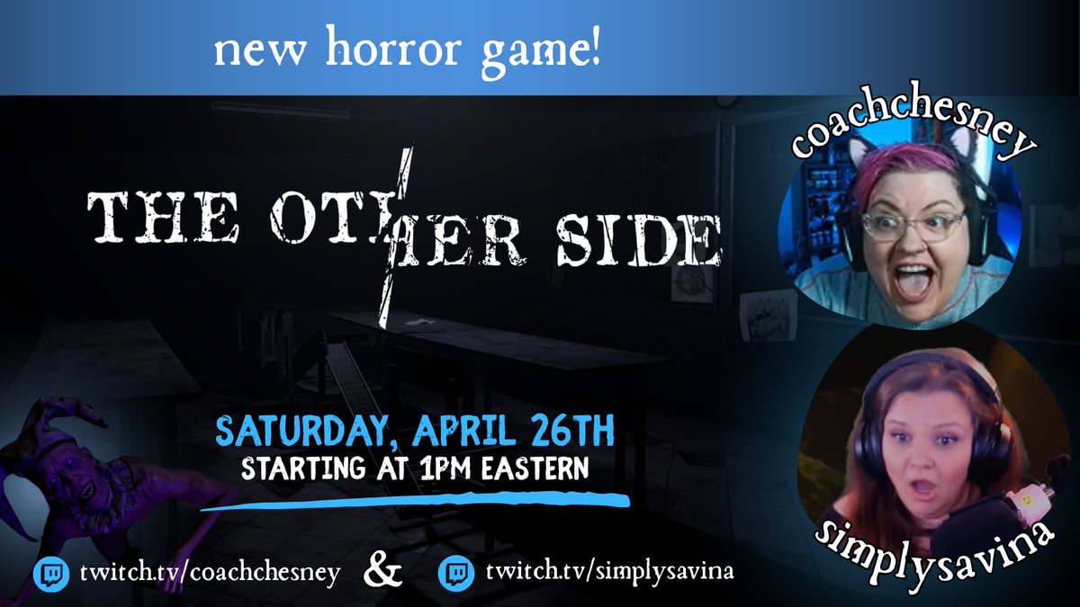 I am SO EXCITED FOR THIS SATURDAY!
I'm gonna be co-streaming a brand new horror game "The Other Side" with the one, the only, the amazing AF <a href="/ItsCoachChesney/">Coach Chesney</a>! I can't wait!
