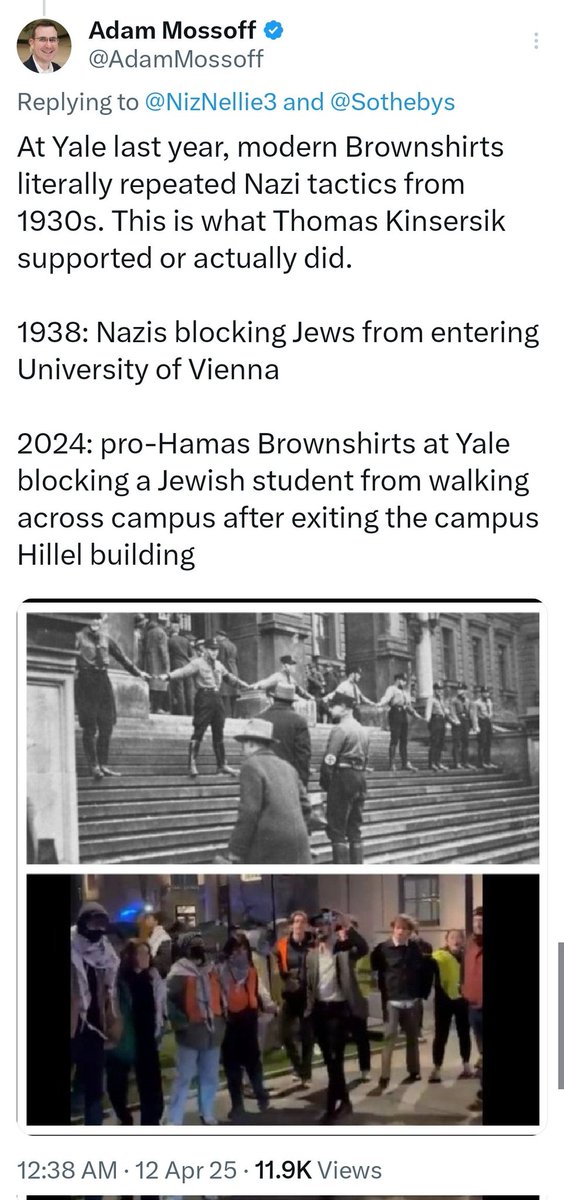 AdamMossoff's tweet photo. The pro-Hamas thugs at Yale did the exact same Nazi Brownshirt tactics of blocking Jews from walkinh across the @Yale campus back in the spring 2024. Just like in 1930s, there's no consequences for these modern Brownshirts - it's why they keep doing it and they'll keep doing it as long as their illegal actions go unpunished by Yale and local authorities.