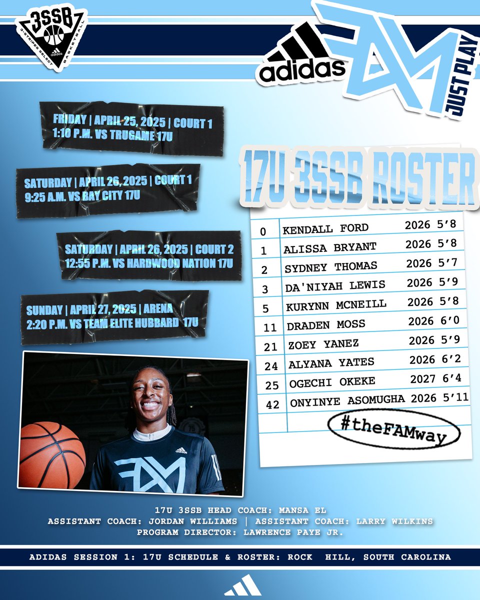 JP FAM Girls 3SSB (@jpfamgbb) on Twitter photo JP FAM Hoops 17U 3SSB.
Adidas 3SSB . Session 1
17U Schedule & Roster Release
<a href="/3SSBGCircuit/">3Stripes Select Basketball Girls Circuit</a>
📍 Rock Hill Sports & Event Center-Rock Hill, South Carolina
📆 April 25th - 27th / / / #TheFAMway JP FAM Hoops 17U 3SSB.
Adidas 3SSB . Session 1
17U Schedule & Roster Release
<a href="/3SSBGCircuit/">3Stripes Select Basketball Girls Circuit</a>
📍 Rock Hill Sports & Event Center-Rock Hill, South Carolina
📆 April 25th - 27th / / / #TheFAMway