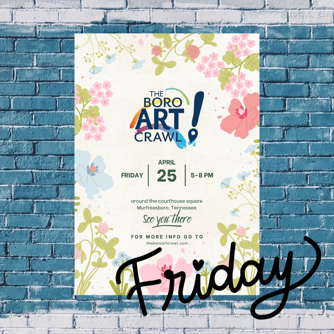 The Boro Art Crawl is back!
Kick off the season with us this Friday, April 25th, from 5–8 PM around Courthouse Square in Murfreesboro. Discover amazing local art, meet the artists, and enjoy a fun evening downtown!