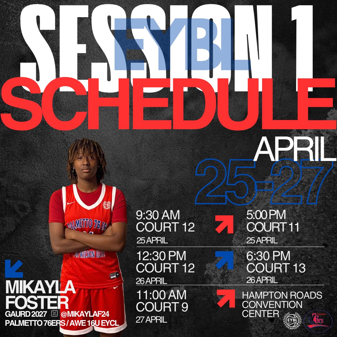 Mikayla Foster (@mikaylaf24) on Twitter photo Here is my schedule for this weekend at <a href="/NikeGirlsEYBL/">Nike Girls EYBL</a> X <a href="/nikegirlseycl/">Nike Girls EYBL Champions League</a> Session 1 in Hampton, VA.
Coaches come check me out.
<a href="/palmetto76erawe/">Palmetto 76ers/Aja Wilson Elite</a> <a href="/CoachMajor_SC/">Coach Major</a> <a href="/DJT11030/">Dominque Thompson, CAA, MS</a> <a href="/JeromeFleetwood/">jerome dickerson</a> <a href="/A5Lucas/">AA Lucas, M.Ed,GCDF🇨🇮🇬🇭🇺🇲🇫🇷</a> Here is my schedule for this weekend at <a href="/NikeGirlsEYBL/">Nike Girls EYBL</a> X <a href="/nikegirlseycl/">Nike Girls EYBL Champions League</a> Session 1 in Hampton, VA.
Coaches come check me out.
<a href="/palmetto76erawe/">Palmetto 76ers/Aja Wilson Elite</a> <a href="/CoachMajor_SC/">Coach Major</a> <a href="/DJT11030/">Dominque Thompson, CAA, MS</a> <a href="/JeromeFleetwood/">jerome dickerson</a> <a href="/A5Lucas/">AA Lucas, M.Ed,GCDF🇨🇮🇬🇭🇺🇲🇫🇷</a>