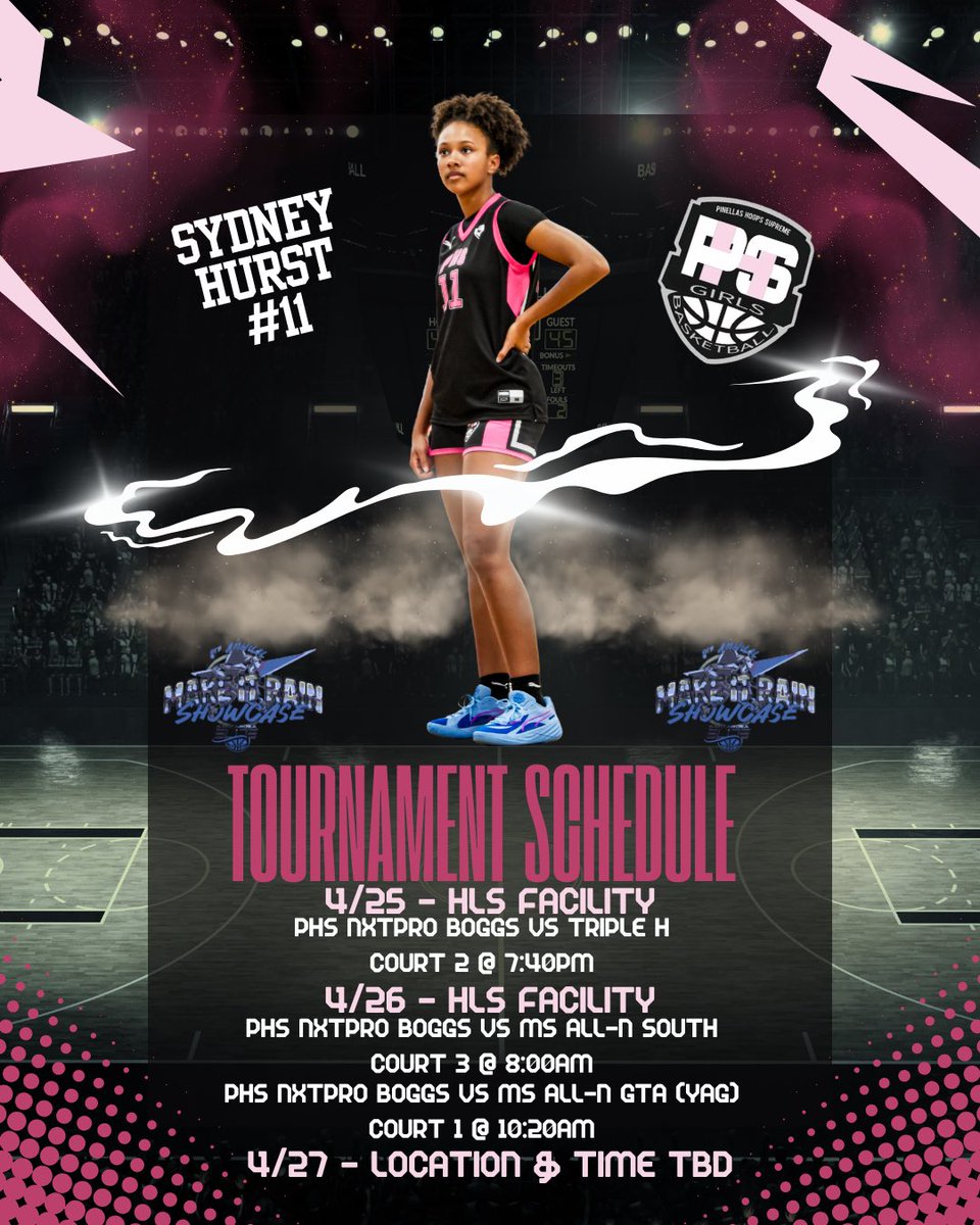 Sydney Hurst (@sydney_hurst11) on Twitter photo Come check me out playing with PHS Elite this weekend in Pensacola at the Make It Rain Showcase! <a href="/B_Boggs13/">Coach B</a> <a href="/PHSGirlsBBall1/">Pinellas Hoop Supreme Girls Basketball NXT</a> <a href="/coach_bianchi/">Coach Bianchi</a> Come check me out playing with PHS Elite this weekend in Pensacola at the Make It Rain Showcase! <a href="/B_Boggs13/">Coach B</a> <a href="/PHSGirlsBBall1/">Pinellas Hoop Supreme Girls Basketball NXT</a> <a href="/coach_bianchi/">Coach Bianchi</a>