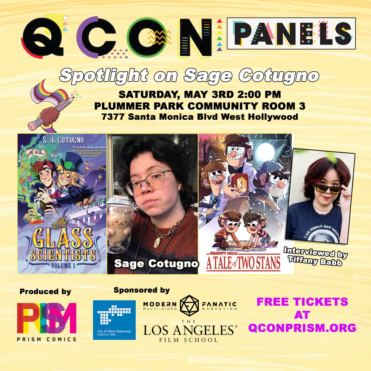 Q-Con (@qconprism) on Twitter photo We’re announcing Q CON 2025 Panels starting with:
Spotlight on Sage Cotugno
2 – 3 pm
Plummer Park Community Building, Room 3
<a href="/arythusa/">Sage Cotugno ✨ BUY THE GLASS SCIENTISTS: VOL II!</a> will be interviewed by Tiffany Babb from The Comics Courier!
REGISTER FOR FREE TICKETS: qconprism.org
#comics #lgbtqia #indie We’re announcing Q CON 2025 Panels starting with:
Spotlight on Sage Cotugno
2 – 3 pm
Plummer Park Community Building, Room 3
<a href="/arythusa/">Sage Cotugno ✨ BUY THE GLASS SCIENTISTS: VOL II!</a> will be interviewed by Tiffany Babb from The Comics Courier!
REGISTER FOR FREE TICKETS: qconprism.org
#comics #lgbtqia #indie