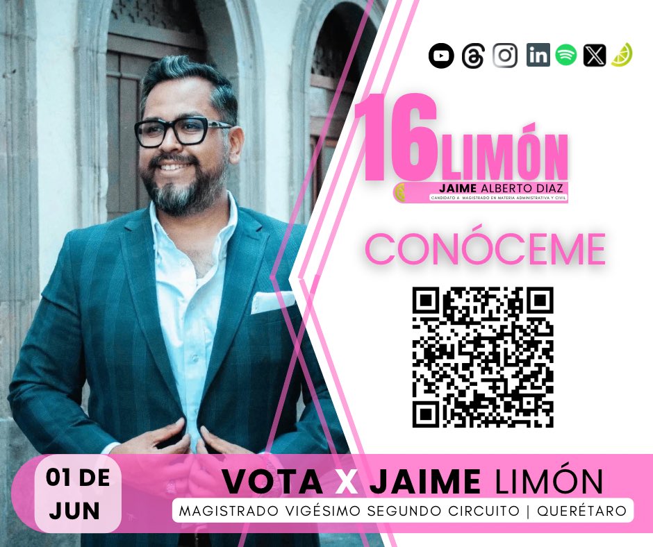 🗳️ Este 1º de junio decide el rumbo de la justicia en #México. ¡Tu voto importa más que nunca!

Infórmate, conoce mi trayectoria, logros y propuestas de campaña. Soy <a href="/JaimeLimonMX/">Jaime Limón MX</a> 🍋🩷, candidato a magistrado en el estado de #Querétaro:
👉bit.ly/JaimeLimonMX
#Elecciones2025MX