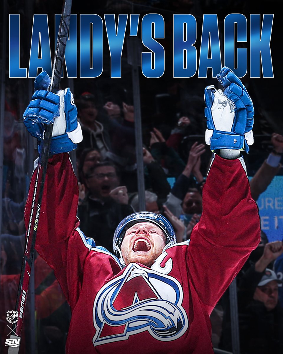 Sportsnet's tweet photo. LANDY’S BACK!!! 🤩

Gabriel Landeskog will make his return to the Avalanche lineup for the first time since Game 6 of the 2022 #StanleyCup Final 👏 https://t.co/087r62amFP