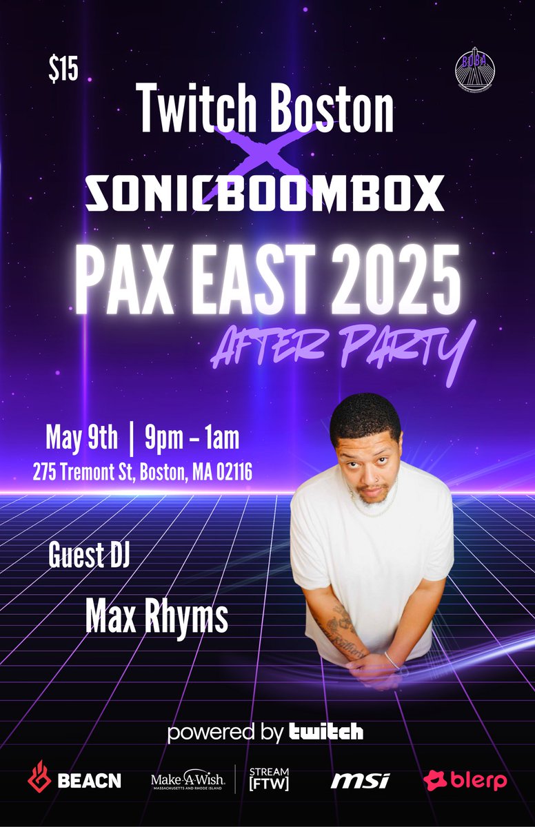 TwitchBoston's tweet image. We have a guest DJ playing from 9-930, opening for DJ Nopheros!
Welcome Max Rhyms!
You may have seen them at a @SONICBOOMB0X party 😎