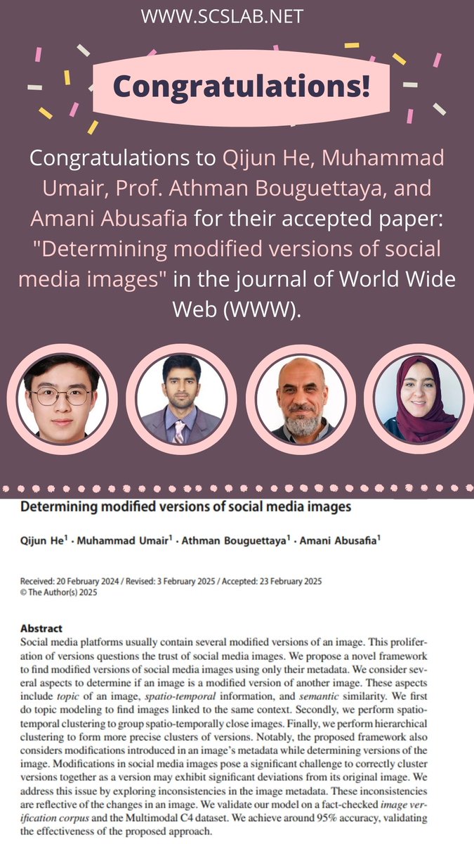 SCSLab's tweet image. 🎉Congratulations to Qijun He, Muhammad Umair, Prof. Athman Bouguettaya, and Amani Abusafia for their accepted research paper in the Journal of World Wide Web (WWW).🎉

🔹 Link to the paper: link.springer.com/article/10.100…