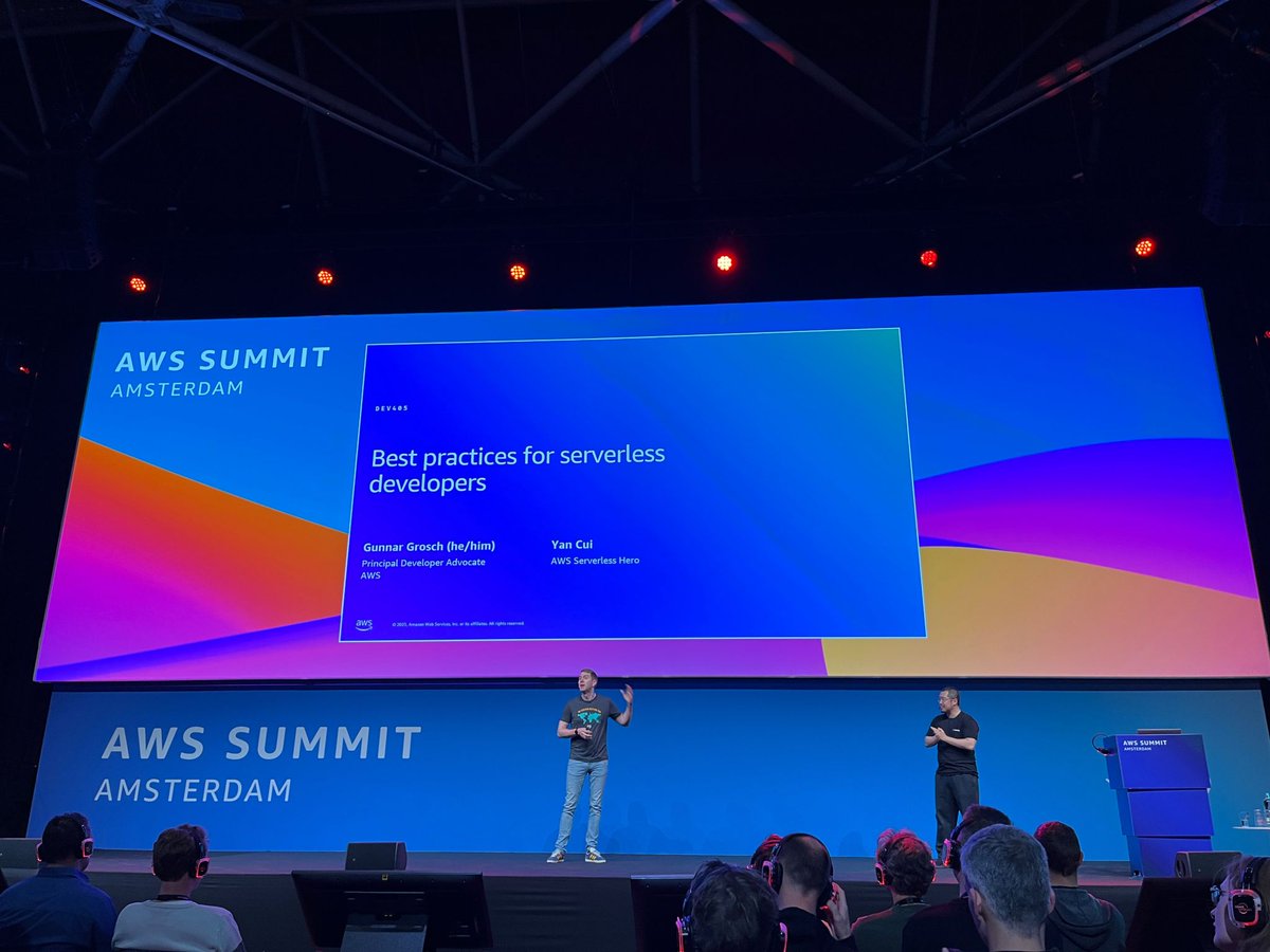 Wrapped an amazing #AWSSummit Amsterdam! 🚀

Highlights: co-presenting with <a href="/theburningmonk/">Yan Cui</a> for our most-attended session &amp; building AI assistants with Anisha!

6,500+ summit attendees
2,400+ devs in our track
3 DEV sessions in summit's top 6

London, Poland &amp; Stockholm up next!