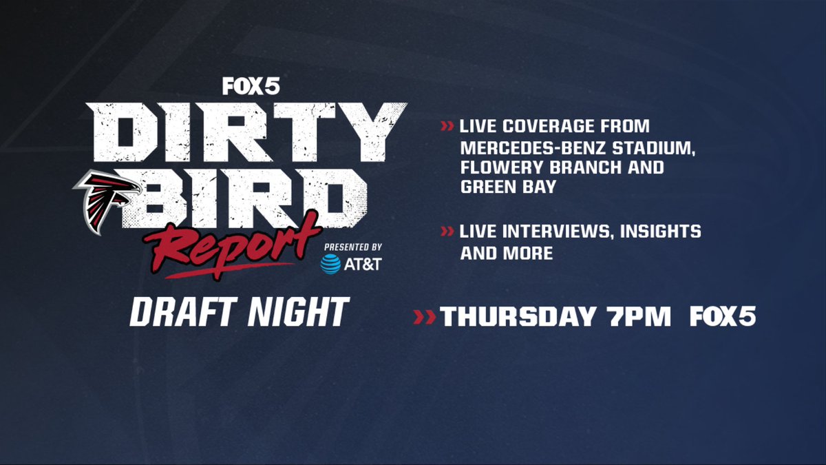 Miles Garrett (@milesgarretttv) on Twitter photo Extremely excited to host our Dirty Bird Report Draft Night Special LIVE from Mercedes Benz Stadium tomorrow evening alongside <a href="/DjShockley3/">DjShockley</a>.
The <a href="/FOX5Sports/">FOX 5 Sports</a> team will be everywhere
<a href="/Justin_FOX5/">Justin Felder</a> in Green Bay
<a href="/victorprieto_11/">Victor Prieto</a> in Flowery Branch
<a href="/itsgeorgiatv/">Georgia Chambers</a> in our studios Extremely excited to host our Dirty Bird Report Draft Night Special LIVE from Mercedes Benz Stadium tomorrow evening alongside <a href="/DjShockley3/">DjShockley</a>.
The <a href="/FOX5Sports/">FOX 5 Sports</a> team will be everywhere
<a href="/Justin_FOX5/">Justin Felder</a> in Green Bay
<a href="/victorprieto_11/">Victor Prieto</a> in Flowery Branch
<a href="/itsgeorgiatv/">Georgia Chambers</a> in our studios