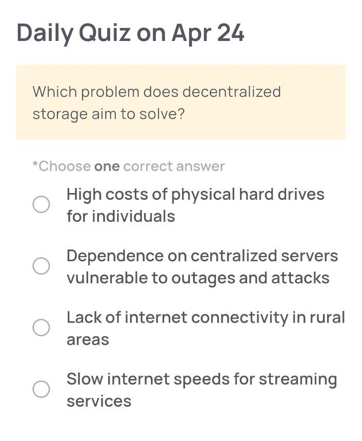 Xenea (@xenea_io) on Twitter photo 🔍 Need a Hint for Today’s Quiz?
When your data depends on a single server or company, it’s vulnerable to outages, loss, or control. Decentralized storage removes that single point of failure. 🔍 Need a Hint for Today’s Quiz?
When your data depends on a single server or company, it’s vulnerable to outages, loss, or control. Decentralized storage removes that single point of failure.