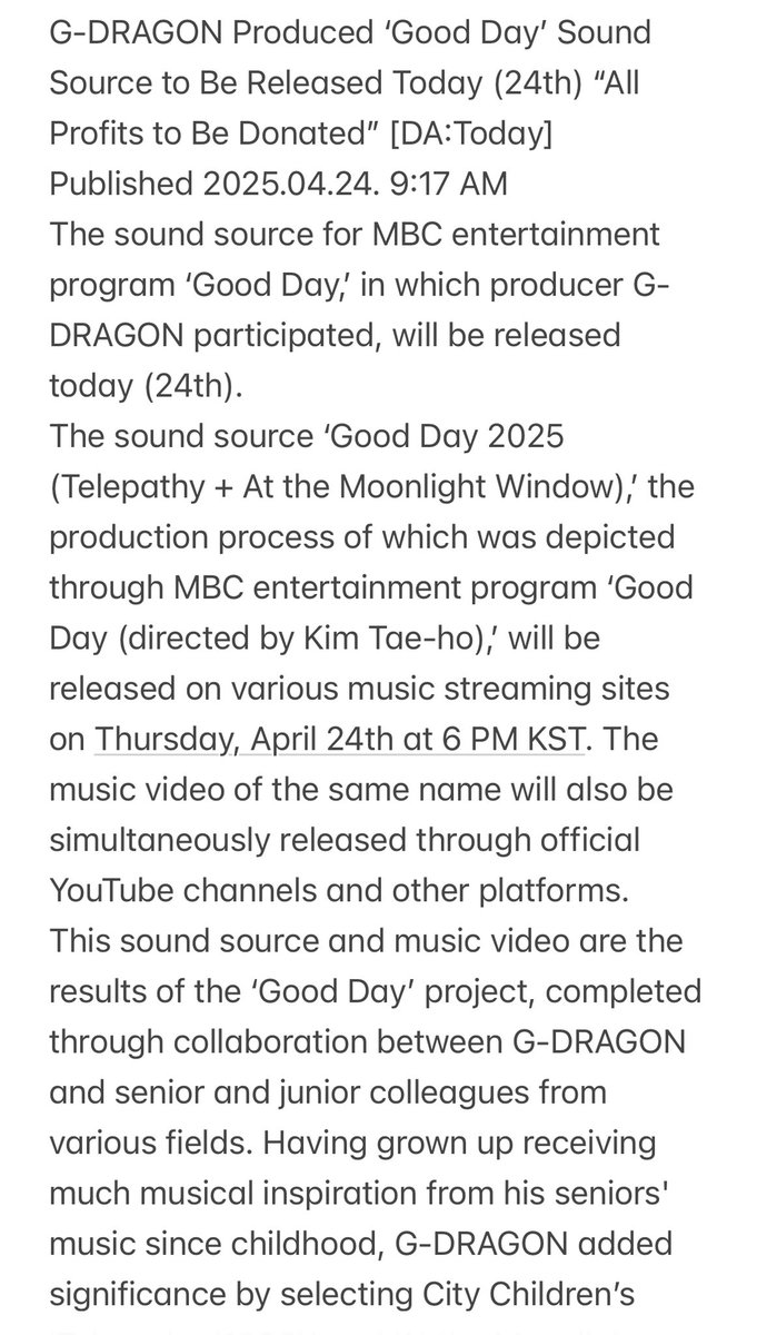 Zoa_Kwon_'s tweet photo. 🐲 article✨💫
G-DRAGON Produced ‘Good Day’ Sound Source to Be Released Today (24th) “All Profits to Be Donated” [DA:Today]

🗓 24.04.2025 (🧵)
#GDRAGON #ジヨン #GoodDayGD https://t.co/XLTlPfB0qW