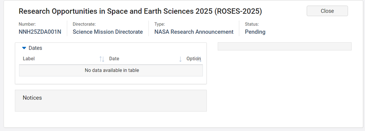 earlbellinger's tweet photo. "Research Opportunities in Space and Earth Science (ROSES)-2025 to be Released on or Shortly After Mid-February 2025" 

NASA pls 🕰️😩 https://t.co/UmukUUqy4x