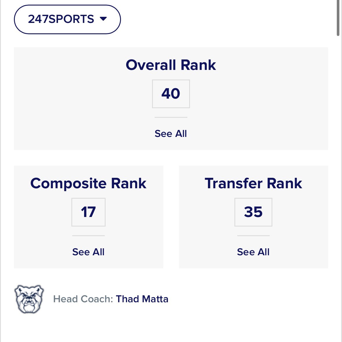 Butler incoming 2025 freshman class ranking:

Per On3: 29th
Per 247Sports: 17th

4⭐️ Azavier Robinson
4⭐️ Jack McCaffery
4⭐️ Jackson Keith
4⭐️ Efeosa Oliogu

#DawgsOnly